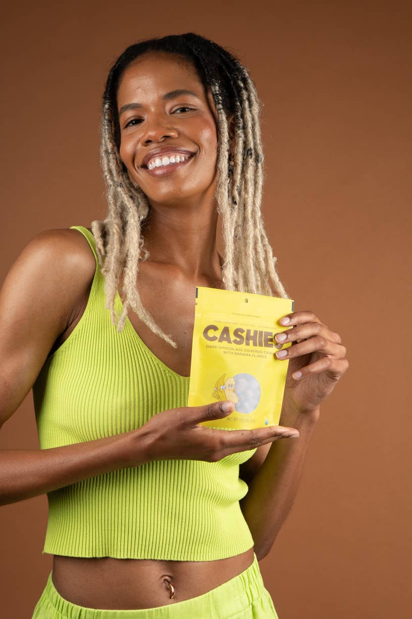 Candid | CASHIES — Chocolate covered cashews with banana flakes