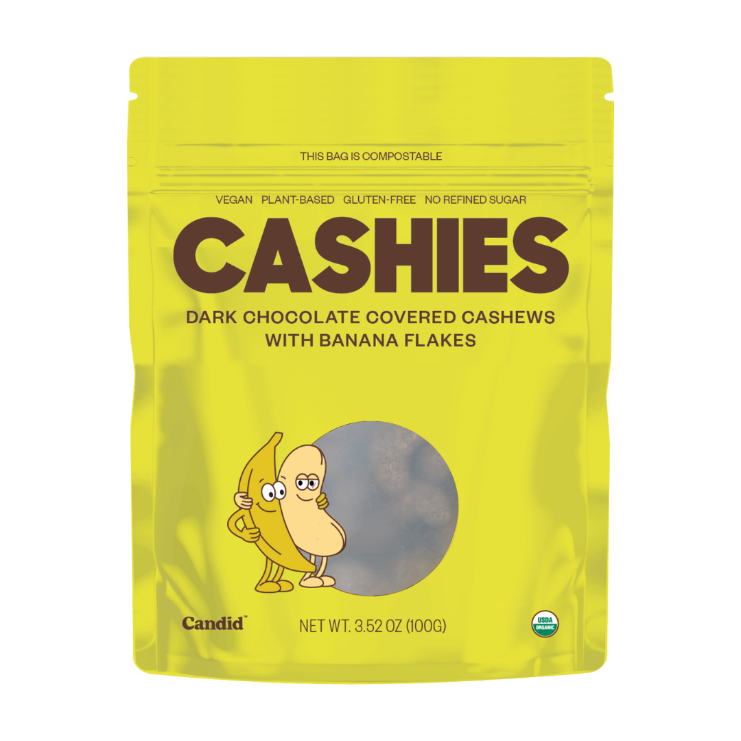 Candid | CASHIES — Chocolate covered cashews with banana flakes