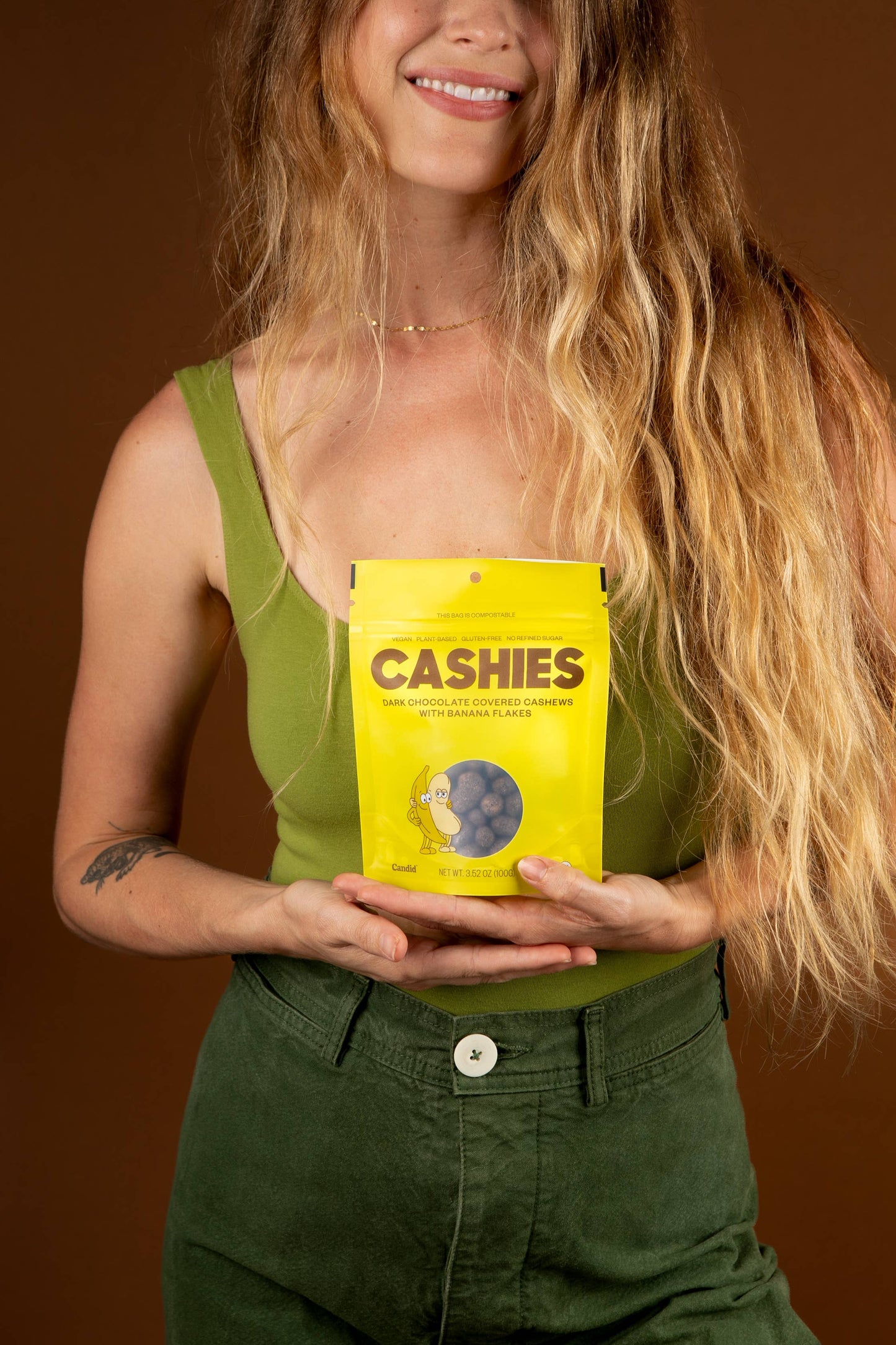 Candid | CASHIES — Chocolate covered cashews with banana flakes