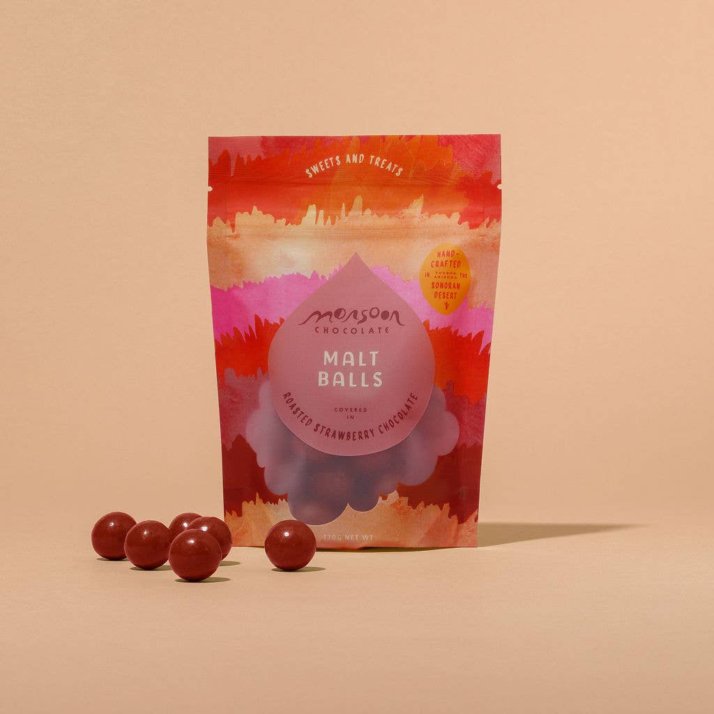 Monsoon Chocolate | Monsoon Malt Balls Covered in Roasted Strawberry Chocolate, 130g