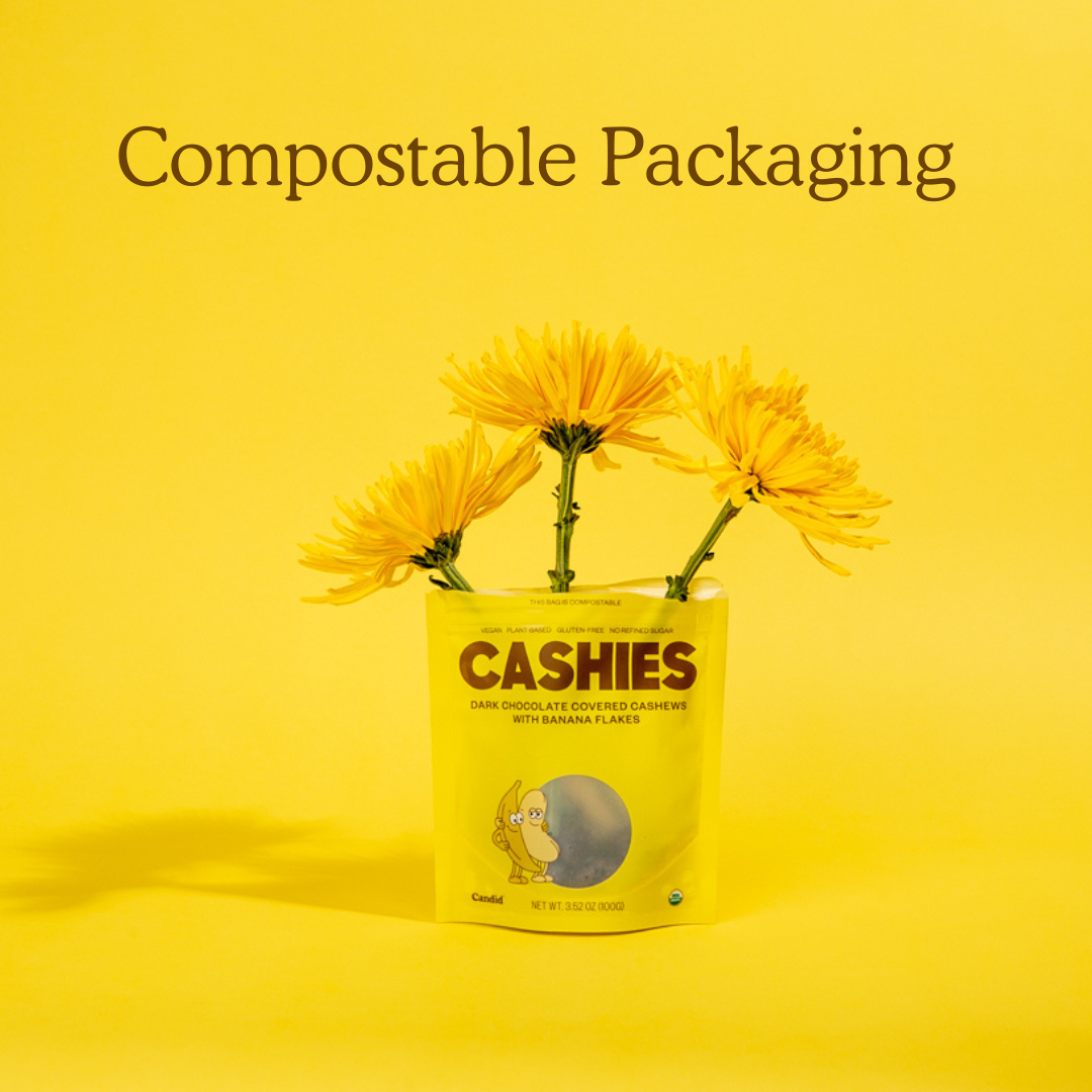 Candid | CASHIES — Chocolate covered cashews with banana flakes